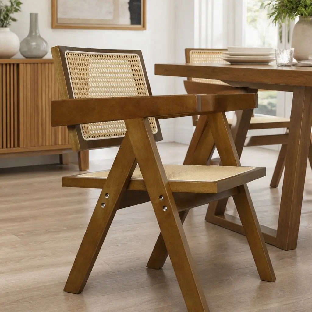Walnut Wicker Armchair Dining Chair Set 4x Rattan Wooden Seat Retro Style