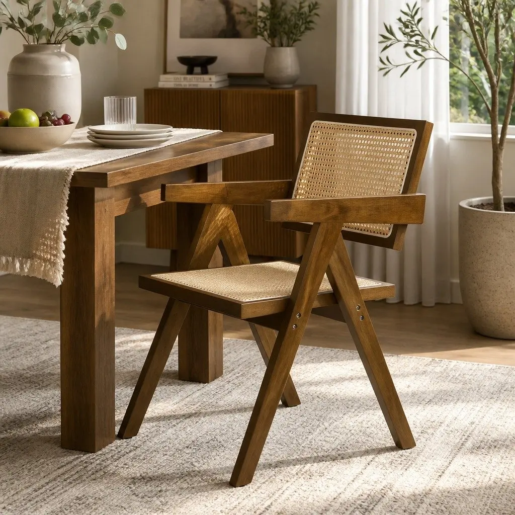 Dining Chair Armchair Rattan Weave Wooden Frame Walnut Retro Kitchen Seat