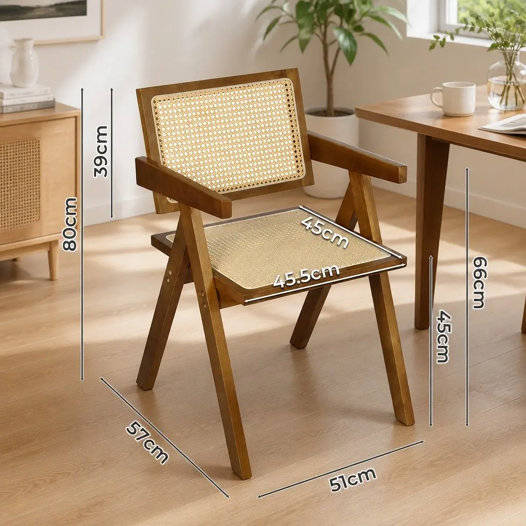 Dining Chair Armchair Rattan Weave Wooden Frame Walnut Retro Kitchen Seat