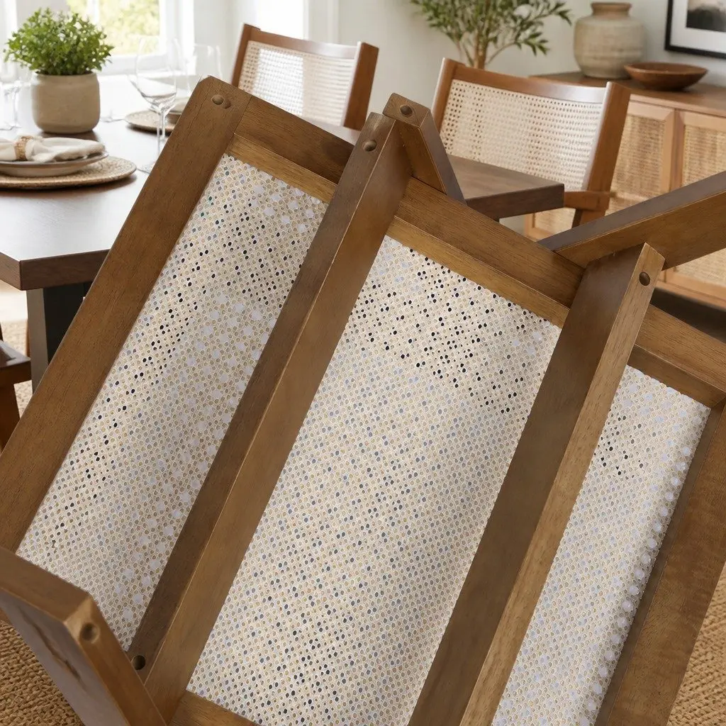 Dining Chair Armchair Rattan Weave Wooden Frame Walnut Retro Kitchen Seat