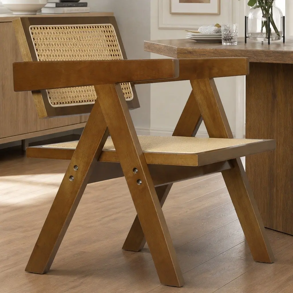Dining Chair Armchair Rattan Weave Wooden Frame Walnut Retro Kitchen Seat