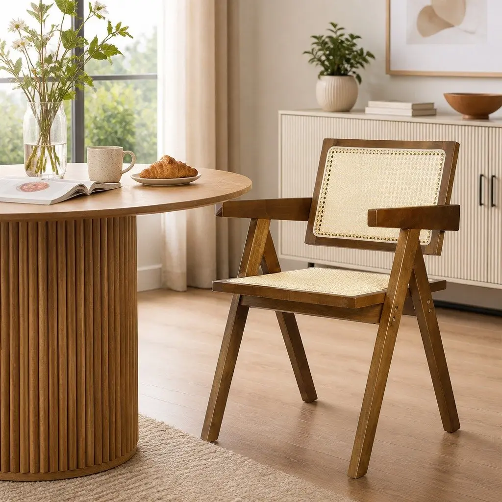 Dining Chair Armchair Rattan Weave Wooden Frame Walnut Retro Kitchen Seat