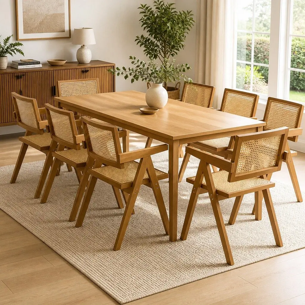 Dining Chair Armchair Rattan Weave Wooden Frame Walnut Retro Kitchen Seat