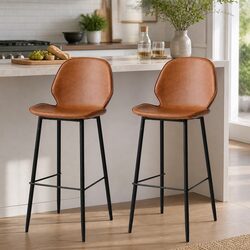 Bar Stools Set of 2 Counter Height Seating Brown Leathaire Kitchen Island Chairs