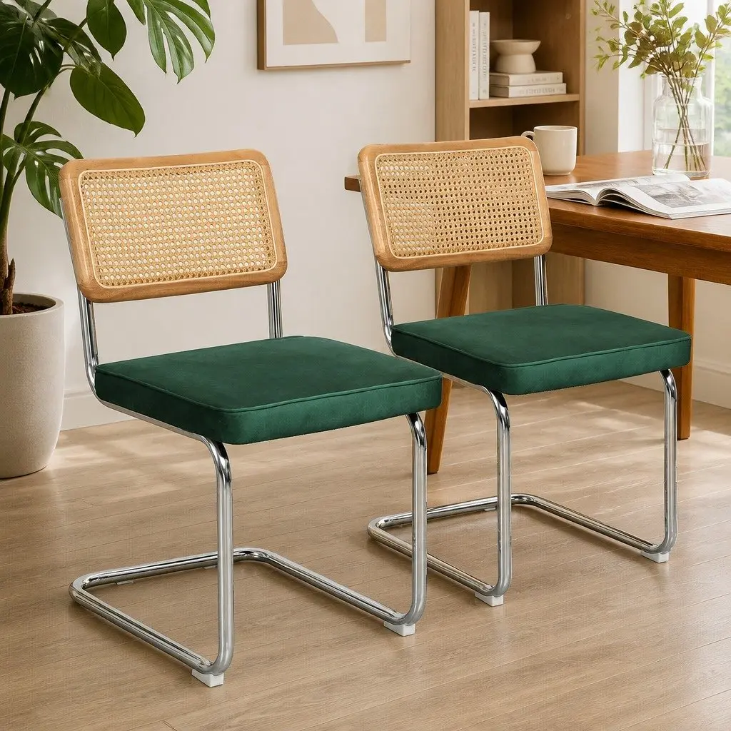 Rattan Dining Chairs Set of 4 Cantilever Frame Kitchen Lounge Natural Green Burnt Orange