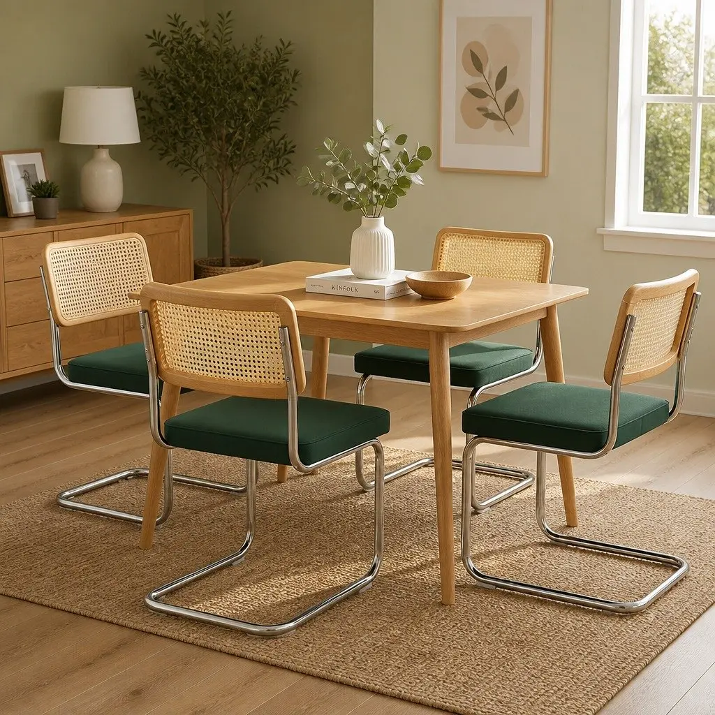 Rattan Dining Chairs Set of 4 Cantilever Frame Kitchen Lounge Natural Green Burnt Orange