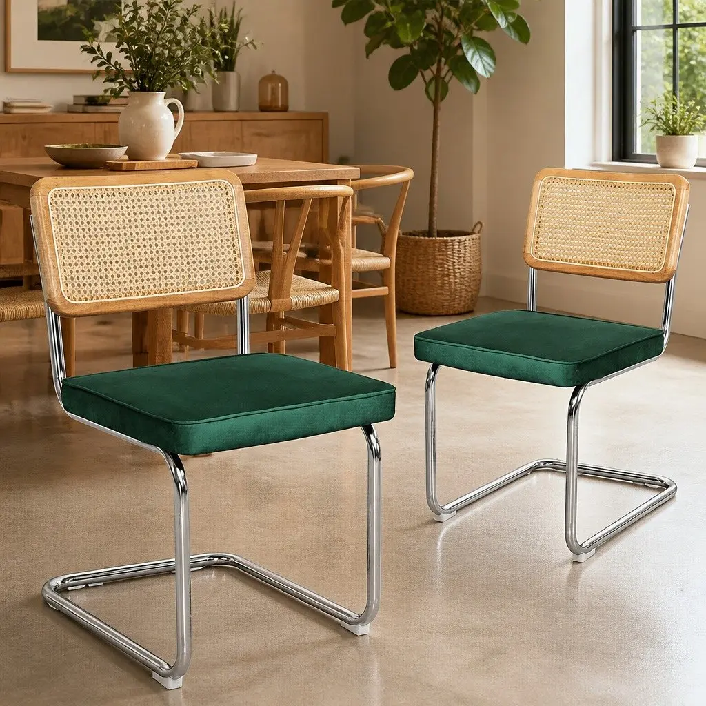 Rattan Dining Chairs Set of 4 Cantilever Frame Kitchen Lounge Natural Green Burnt Orange