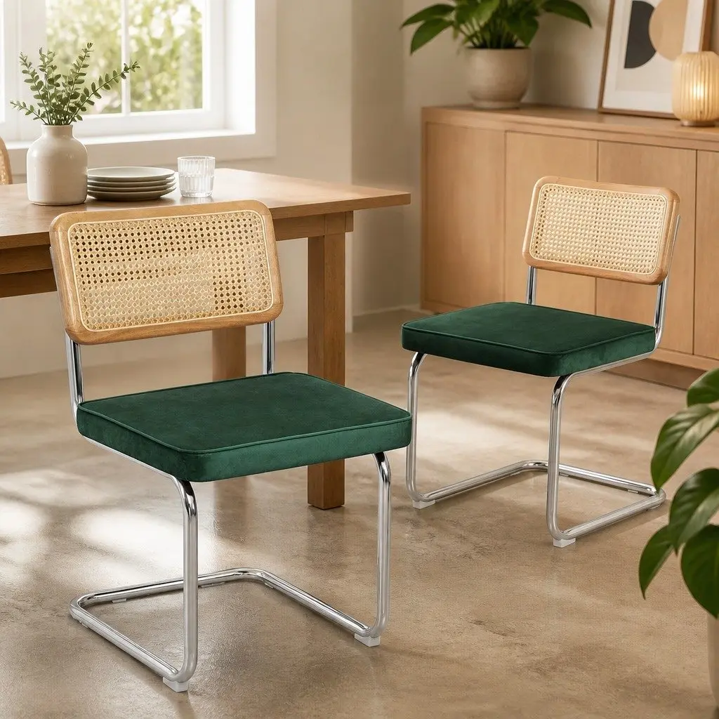 Rattan Backrest Dining Chairs Set of 2 Padded Seat Steel Frame Green Natural
