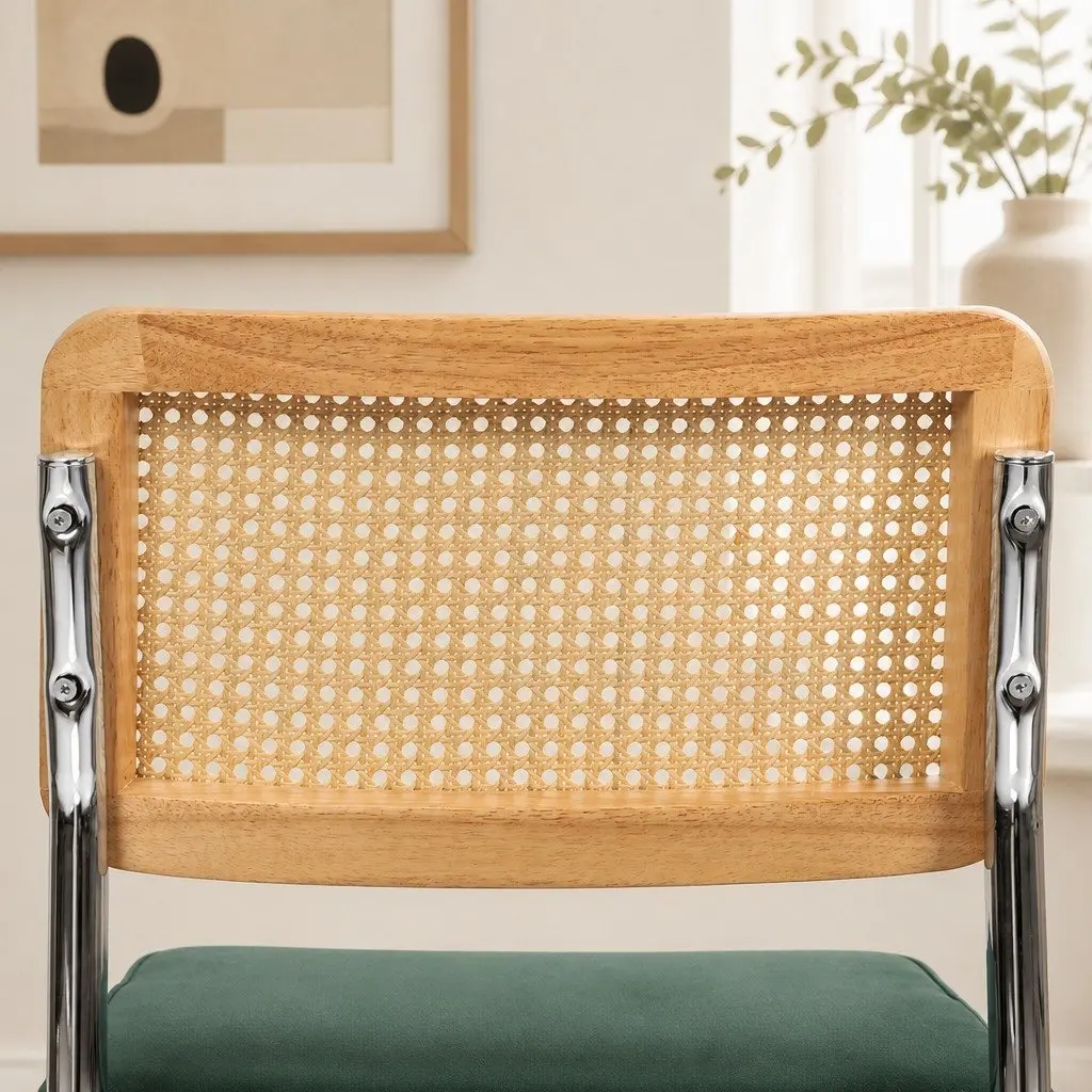 Rattan Backrest Dining Chairs Set of 2 Padded Seat Steel Frame Green Natural