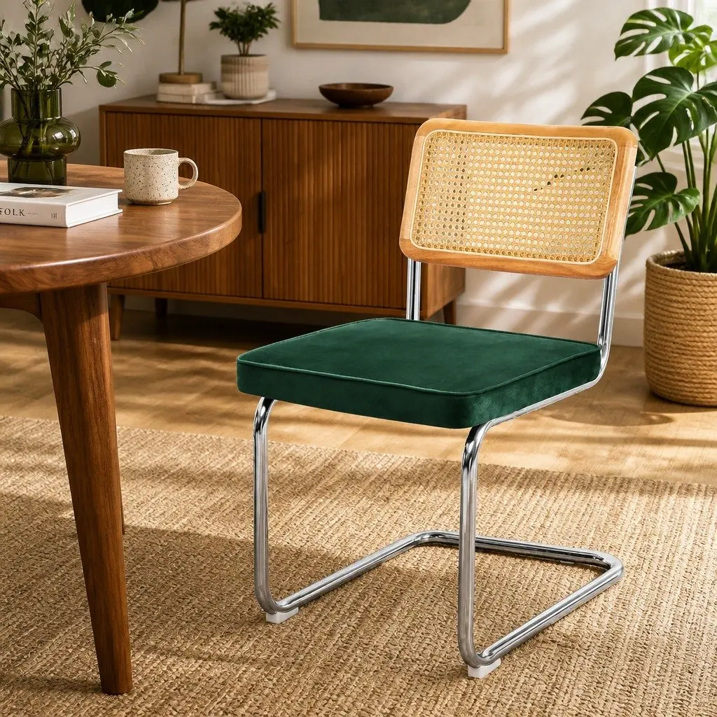 Rattan Backrest Dining Chairs Set of 2 Padded Seat Steel Frame Green Natural