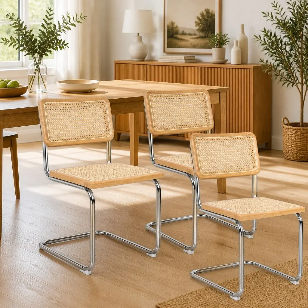 Rattan Dining Chairs Set of 4 Woven Seat Backrest Cantilever Frame Kitchen