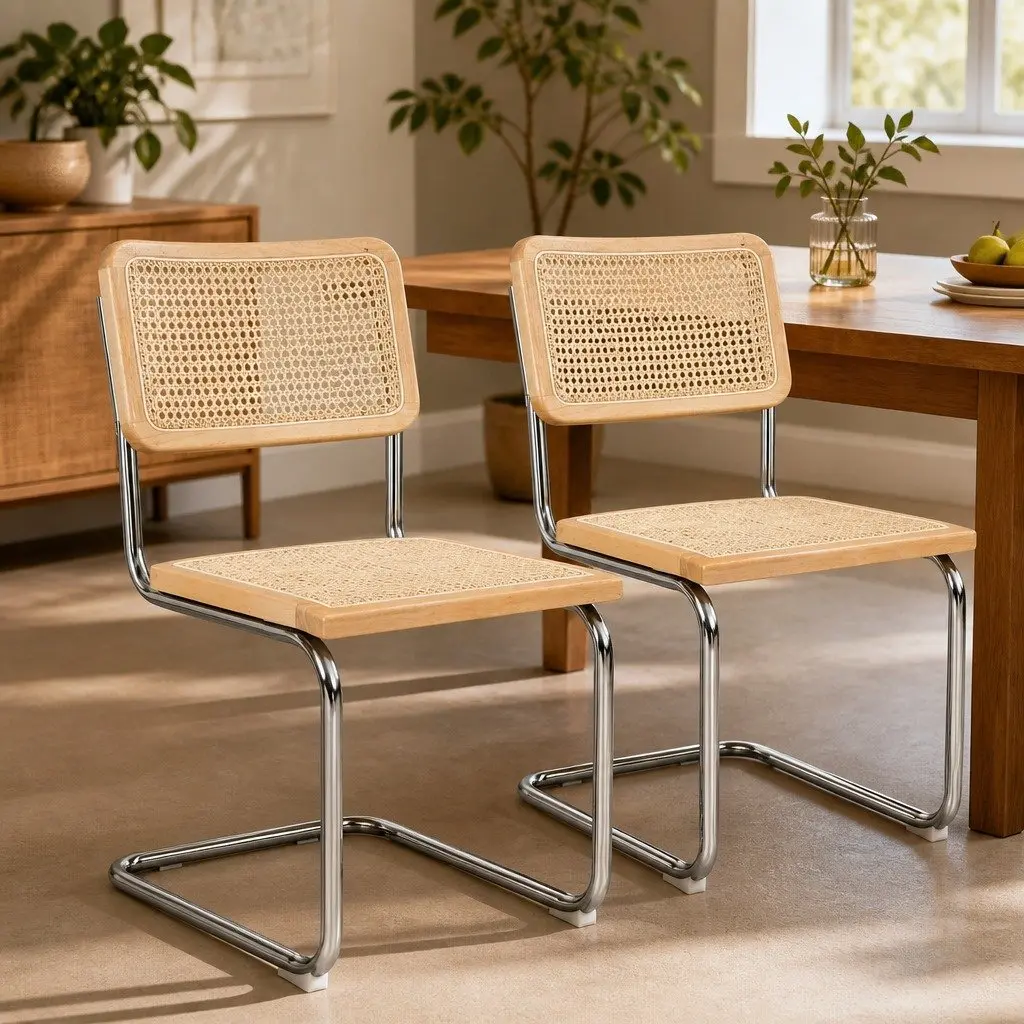 Rattan Dining Chairs Set of 4 Woven Seat Backrest Cantilever Frame Kitchen