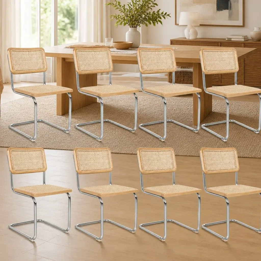 Rattan Dining Chairs Set of 6 Woven Seat Backrest Cantilevered Steel Frame