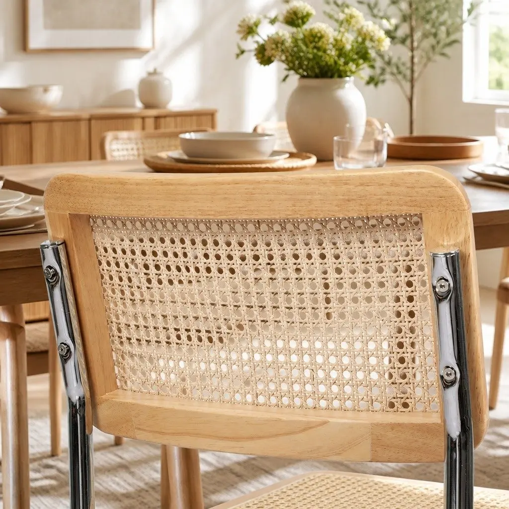 Rattan Dining Chairs Set of 6 Woven Seat Backrest Cantilevered Steel Frame