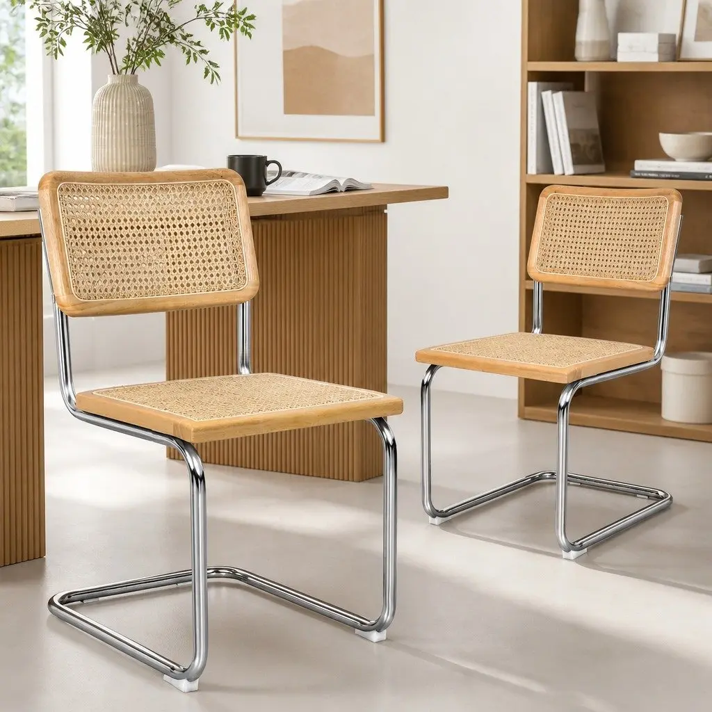 Rattan Dining Chairs Set of 6 Woven Seat Backrest Cantilevered Steel Frame