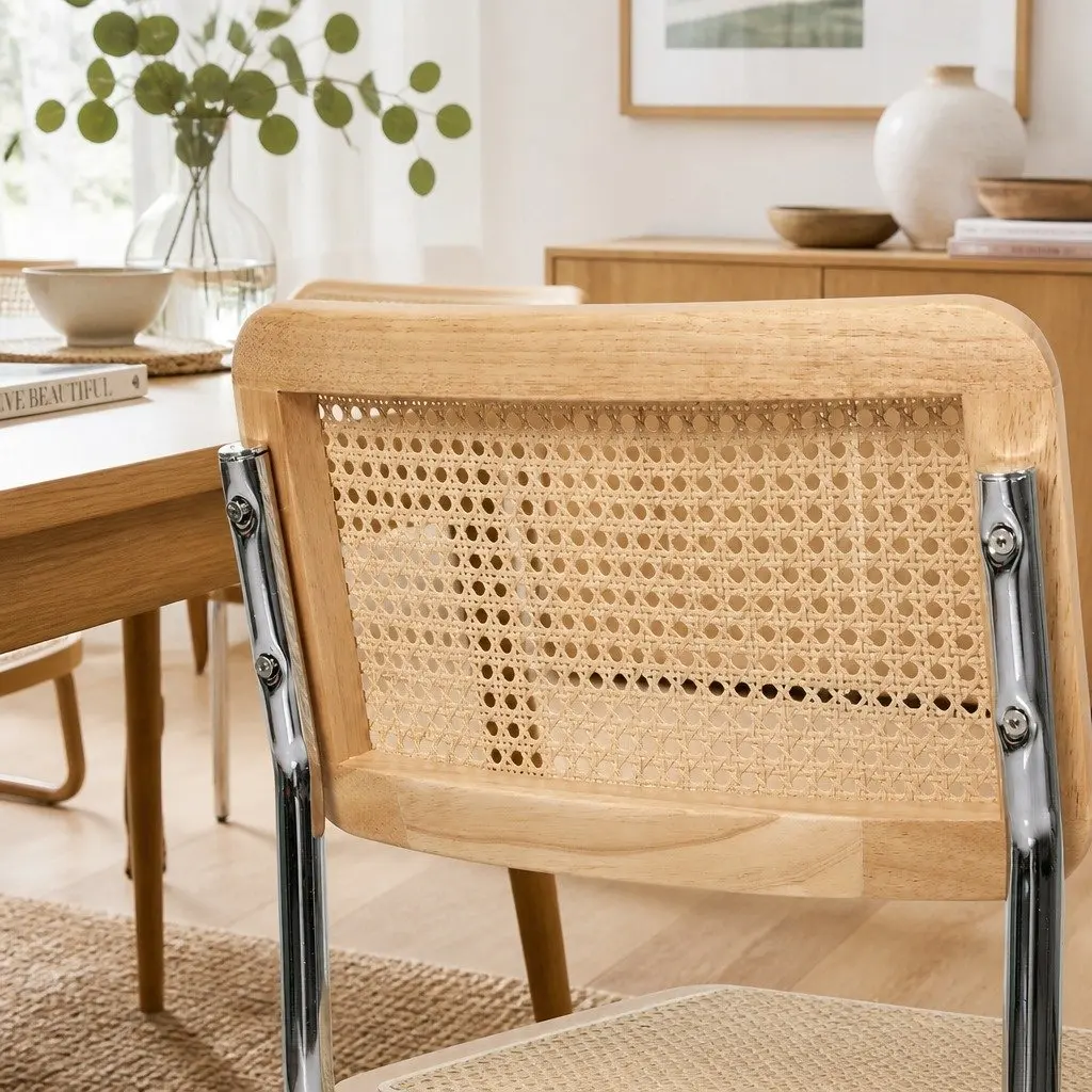 Rattan Dining Chairs Set of 8 Cantilever Steel Frame Woven Seat Backrest