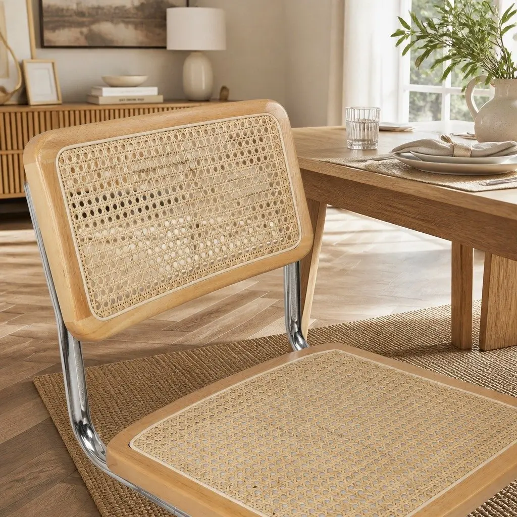 Rattan Dining Chairs Set of 8 Cantilever Steel Frame Woven Seat Backrest