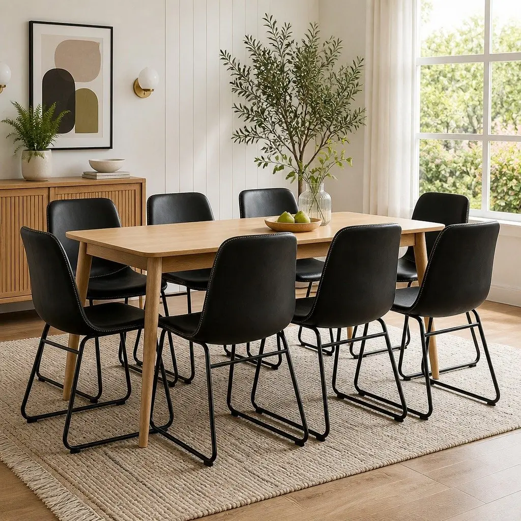 Dining Chairs Set of 8 Retro Style Kitchen Seat Faux Leather Black