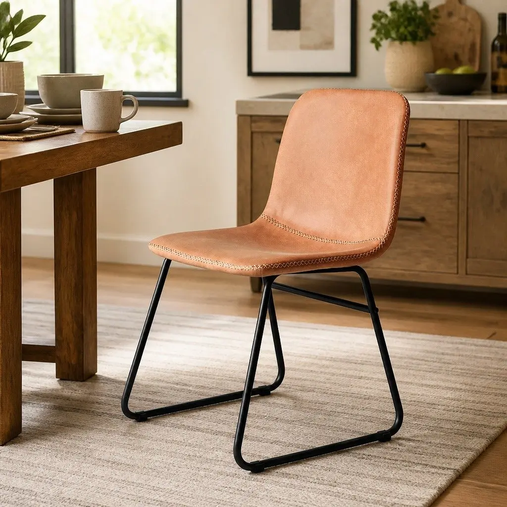 Dining Chairs Set of 2 Retro Kitchen Seat Faux Leather Brown Sleigh Legs