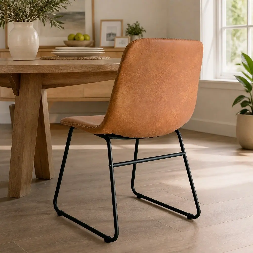 Dining Chairs Set of 2 Retro Kitchen Seat Faux Leather Brown Sleigh Legs