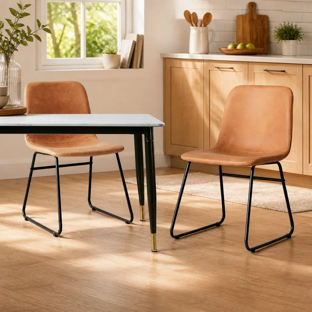 Dining Chairs Set of 2 Retro Kitchen Seat Faux Leather Brown Sleigh Legs