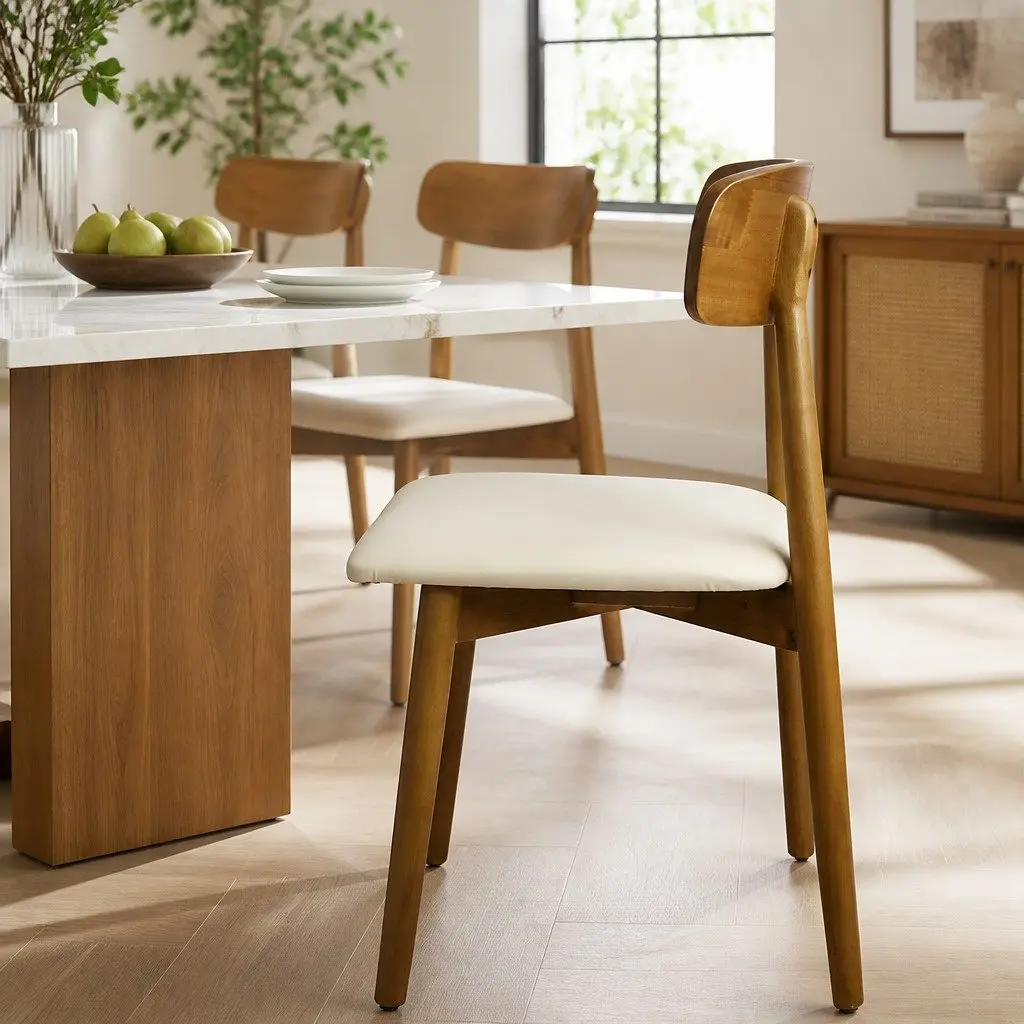 Dining Chairs Set of 4 Ergonomic Curved Backrest PU Leather Walnut