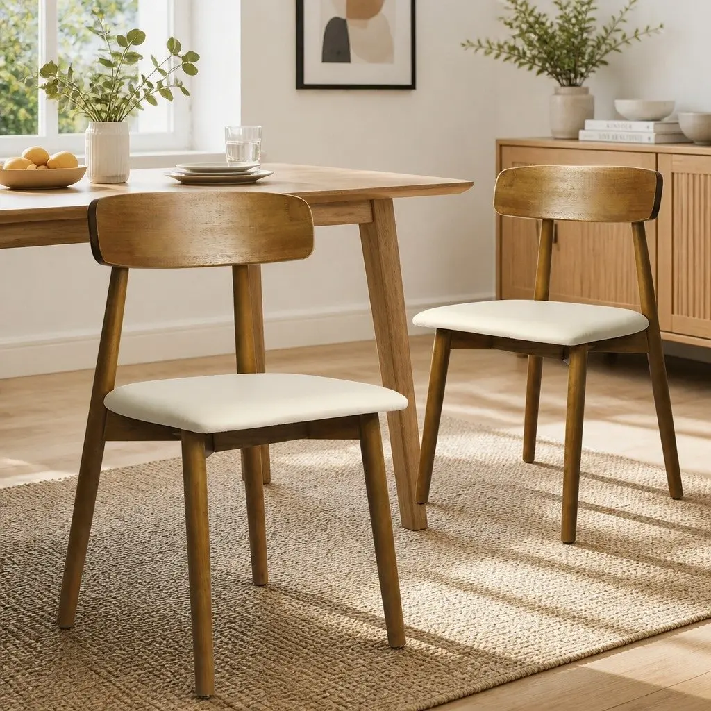 Dining Chairs Set of 4 Ergonomic Curved Backrest PU Leather Walnut