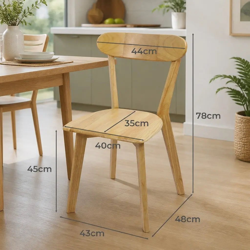 Set of 6 Ergonomic Rubberwood Dining Chairs Natural Wooden Kitchen Seating with Curved Backrest