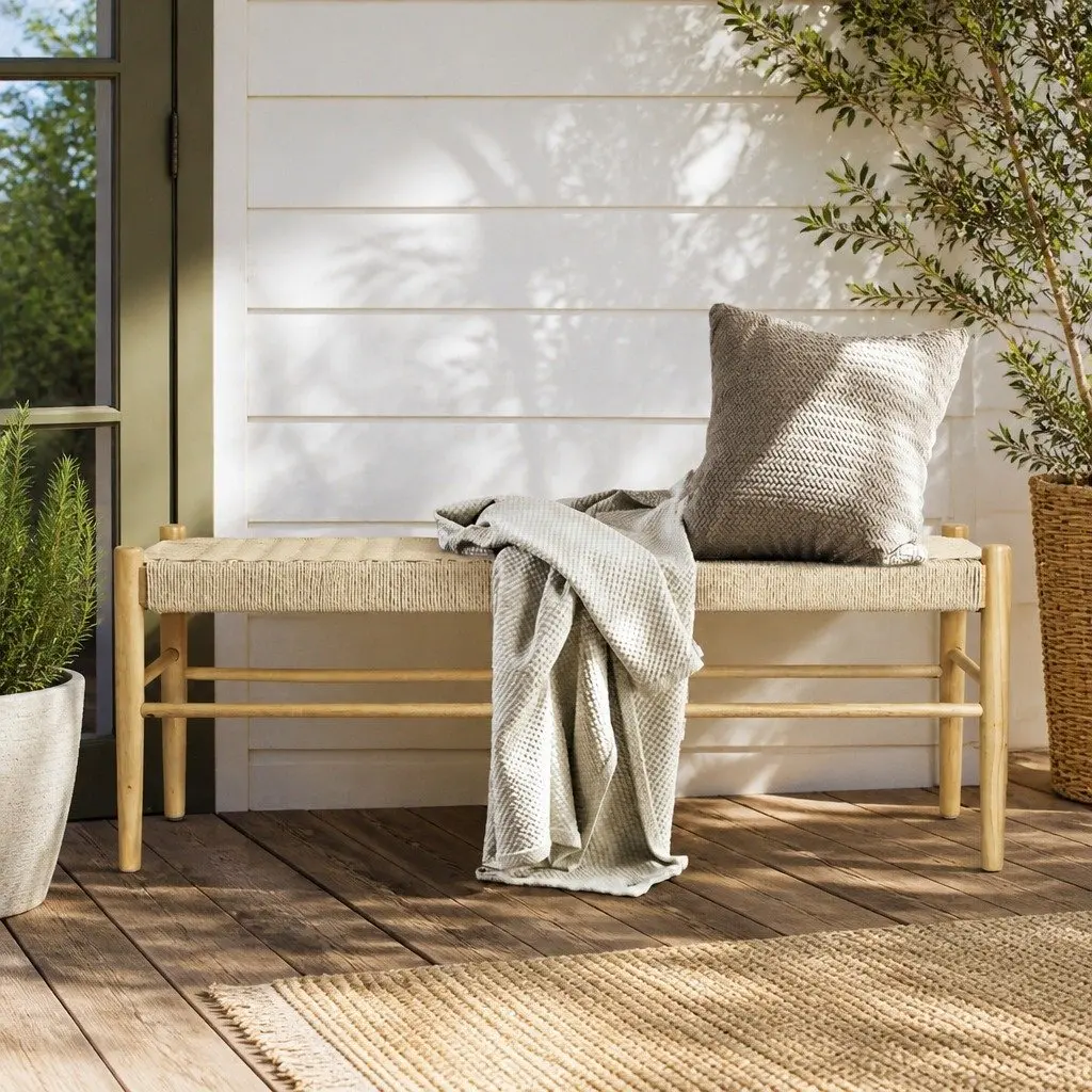 Two-Person Wicker Bench with Kraft Rope