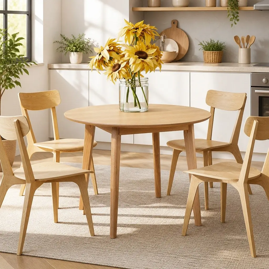 Round Dining Table 100cm Natural Rubberwood Frame MDF Top Seats 4-6 Kitchen