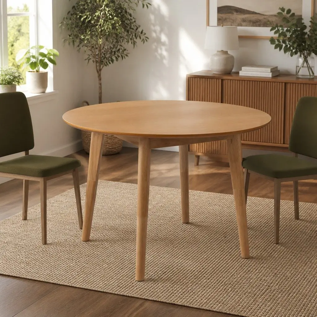 Round Dining Table 100cm Natural Rubberwood Frame MDF Top Seats 4-6 Kitchen