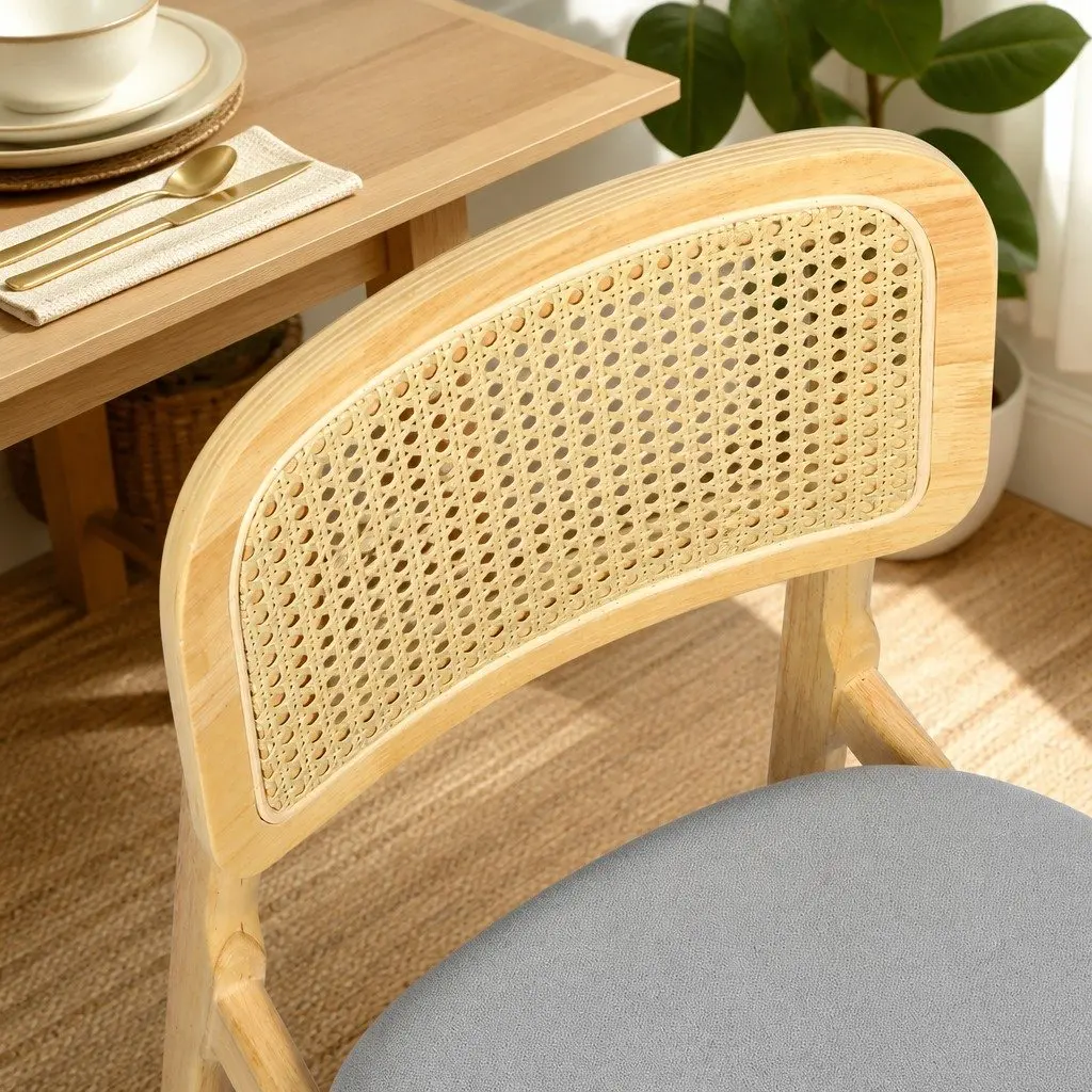 Set of 4 Armless Dining Chairs with Natural Rattan Woven Backrest and Rubber Wood Frame in Natural Finish