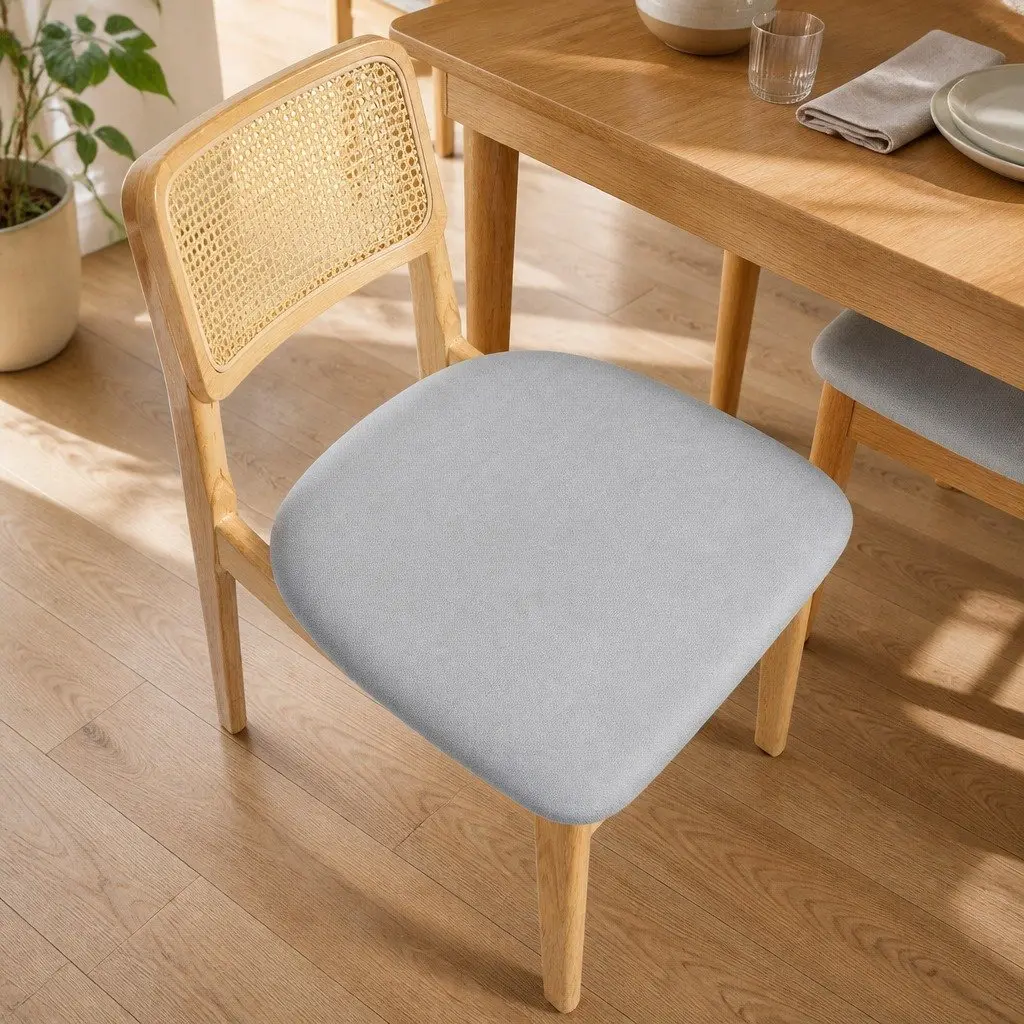Set of 4 Armless Dining Chairs with Natural Rattan Woven Backrest and Rubber Wood Frame in Natural Finish