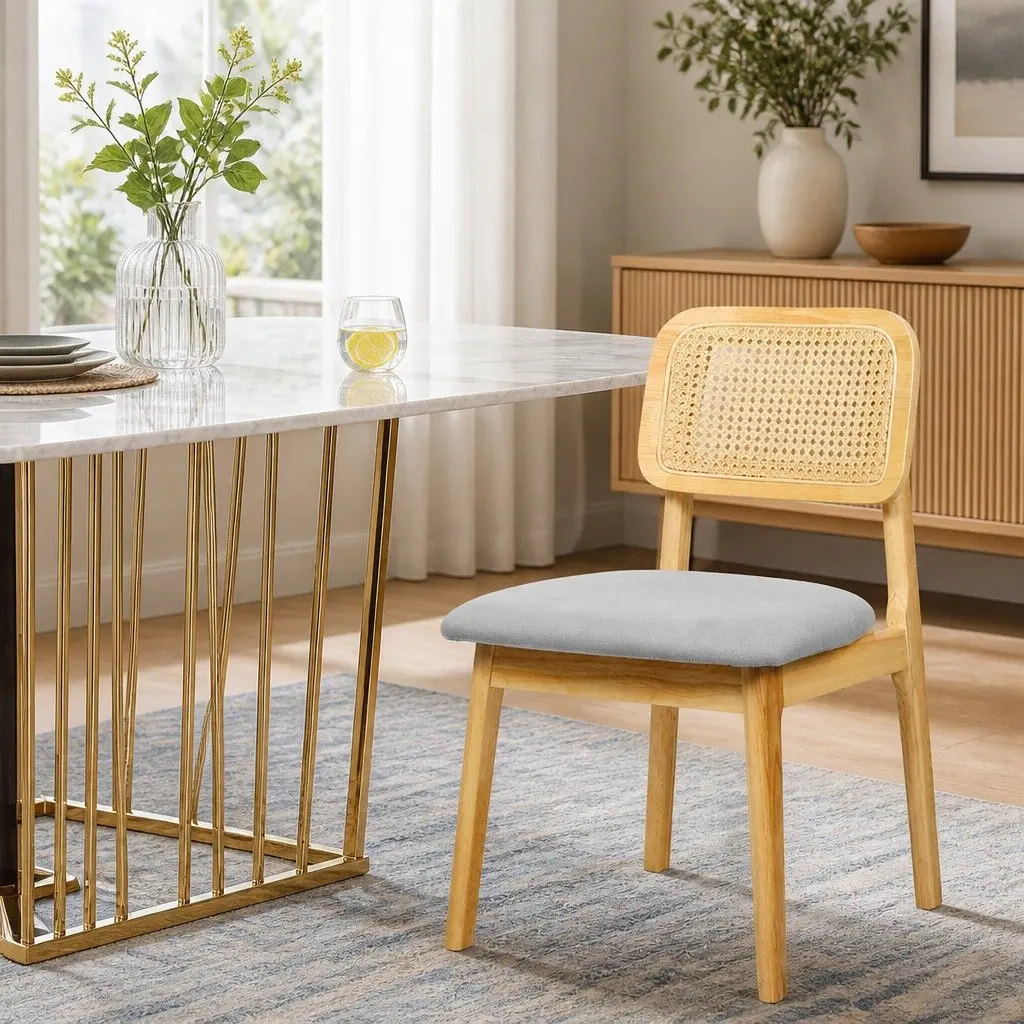Set of 4 Armless Dining Chairs with Natural Rattan Woven Backrest and Rubber Wood Frame in Natural Finish