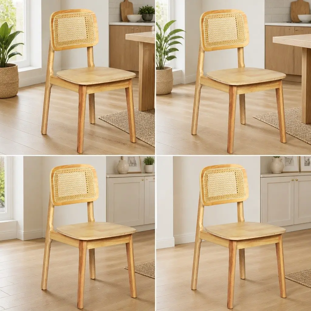 Dining Chair Set of 4 Rattan Cane Wooden Kitchen Chairs Armless Natural