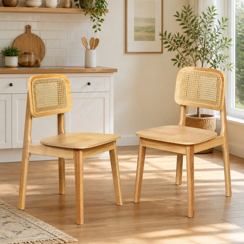 Dining Chair Set of 4 Rattan Cane Wooden Kitchen Chairs Armless Natural