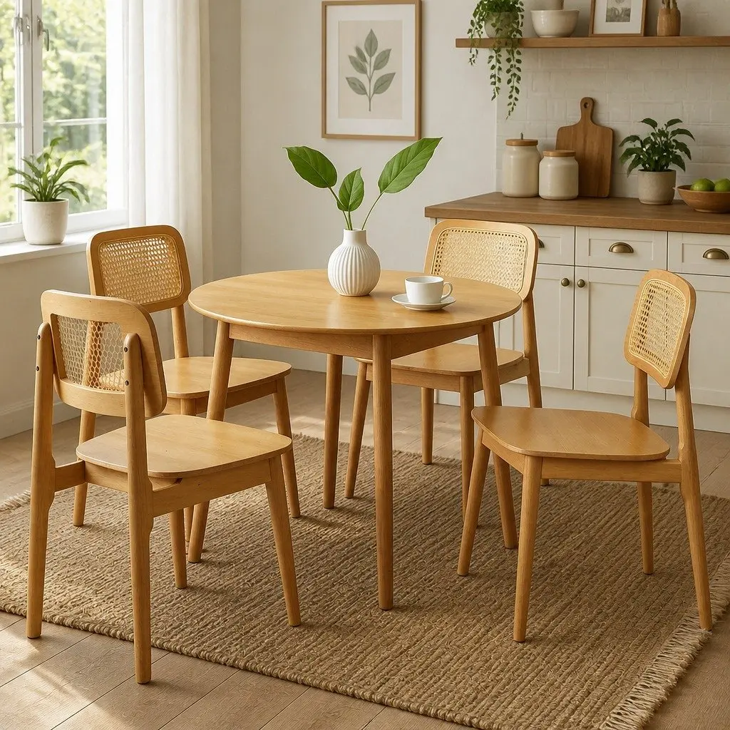Dining Chair Set of 4 Rattan Cane Wooden Kitchen Chairs Armless Natural