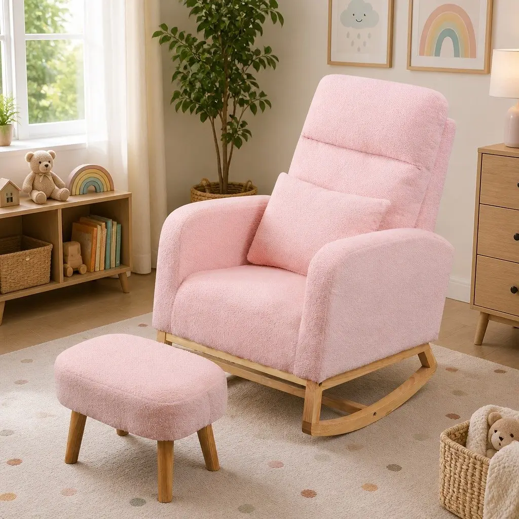 Rocking Chair Ottoman Footrest Set Nursery Living Room Relaxation Pink Teddy Plush