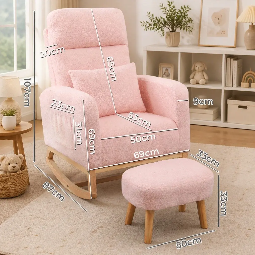Rocking Chair Ottoman Footrest Set Nursery Living Room Relaxation Pink Teddy Plush