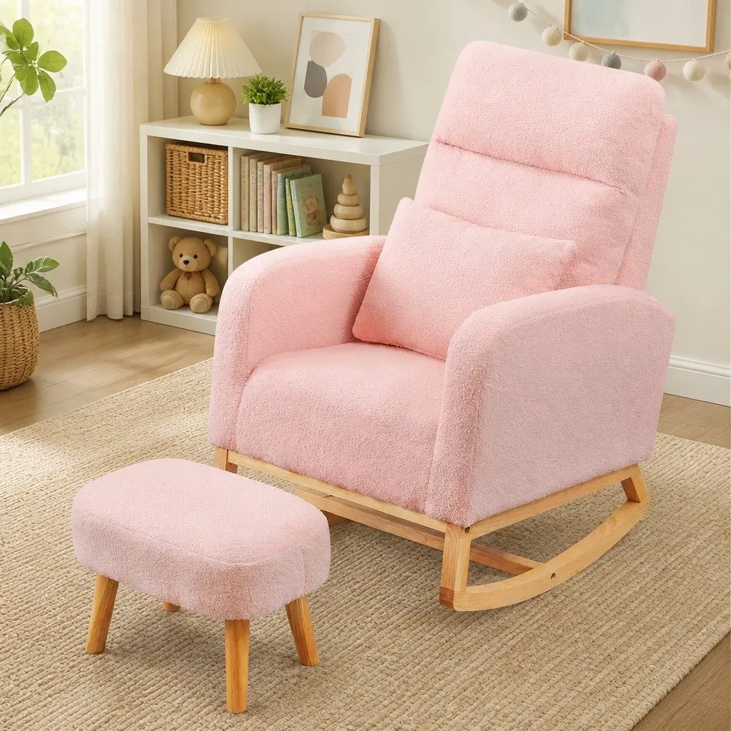 Rocking Chair Ottoman Footrest Set Nursery Living Room Relaxation Pink Teddy Plush