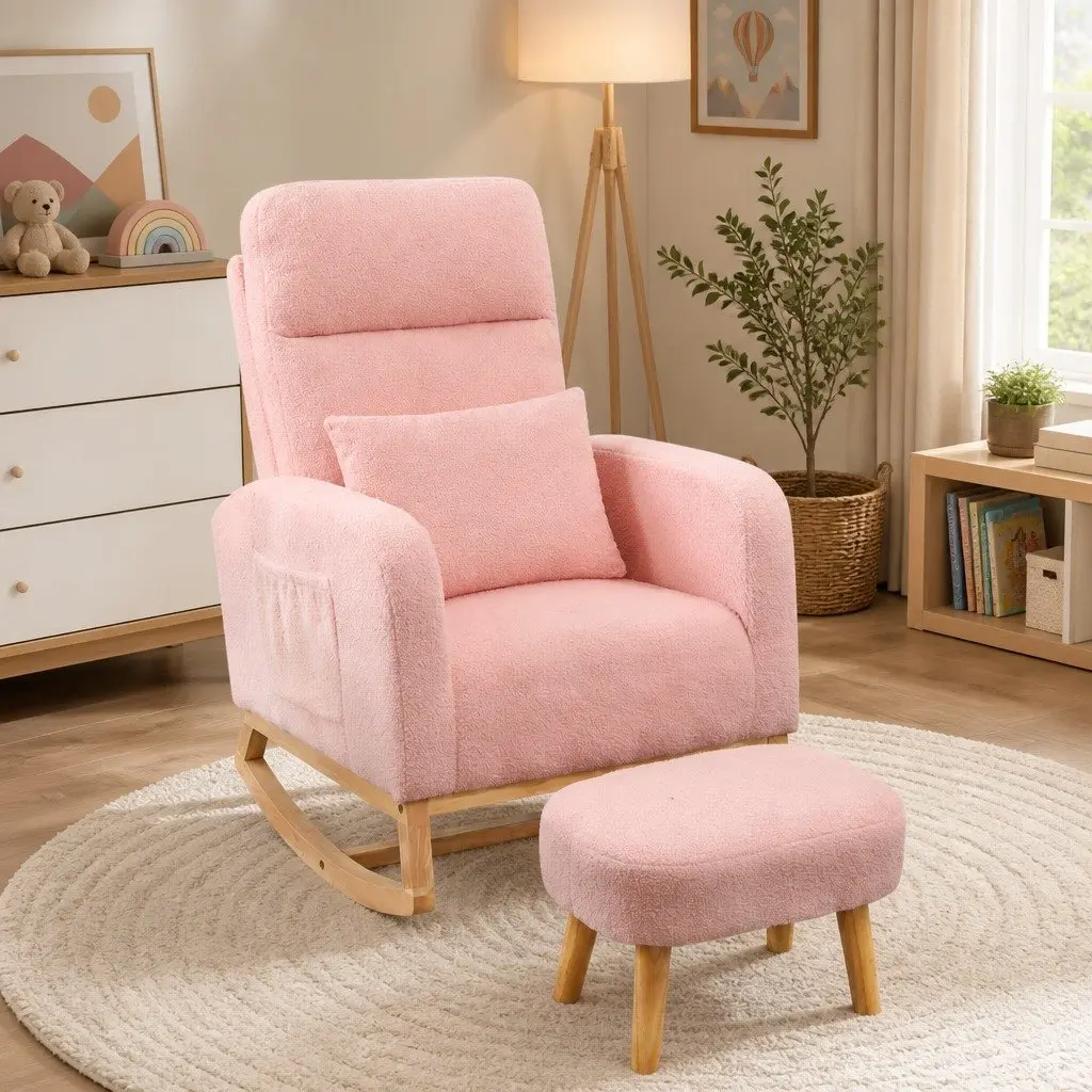 Rocking Chair Ottoman Footrest Set Nursery Living Room Relaxation Pink Teddy Plush