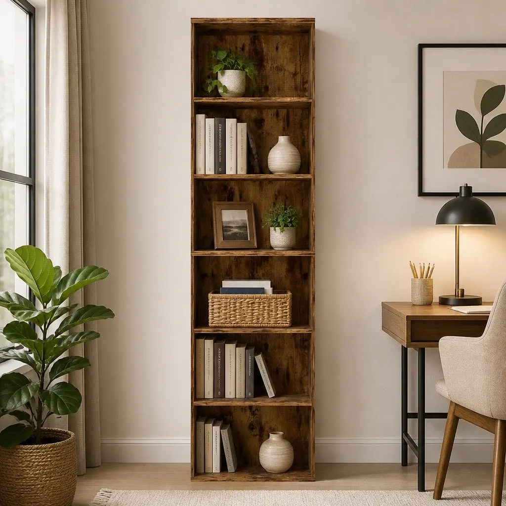 6 Tier Open Bookcase Storage Shelves Display Unit Freestanding Tall Walnut