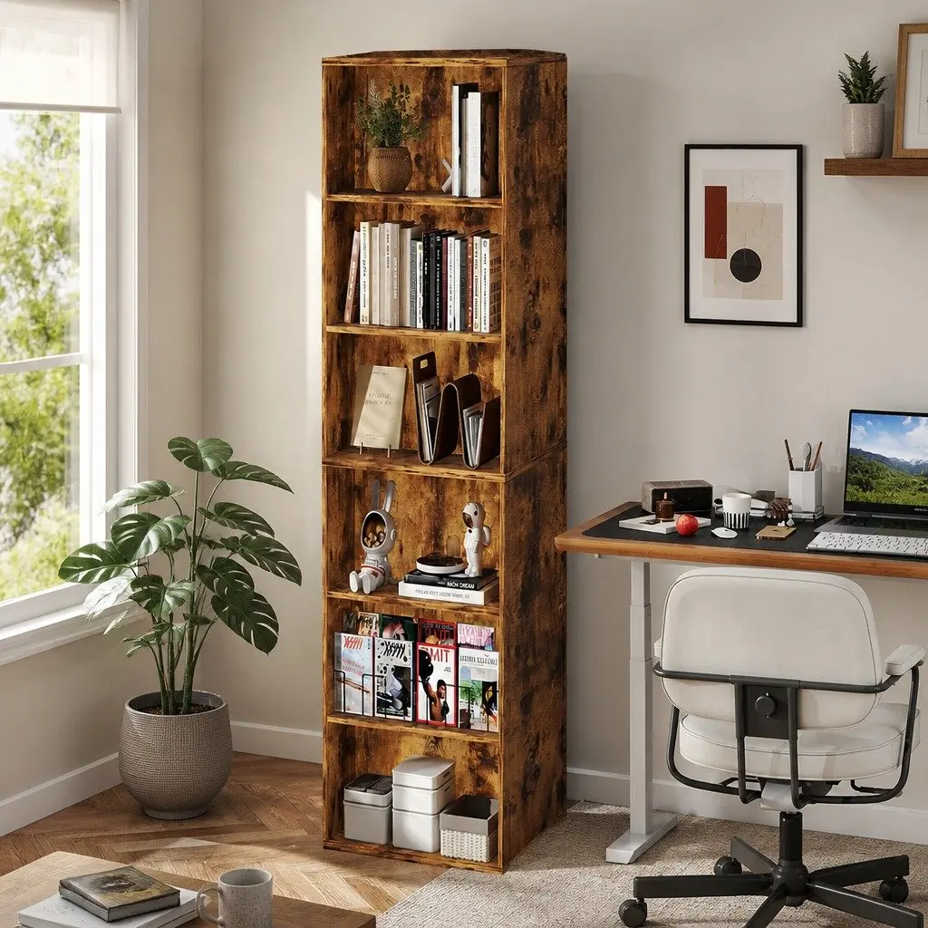 6 Tier Open Bookcase Storage Shelves Display Unit Freestanding Tall Walnut