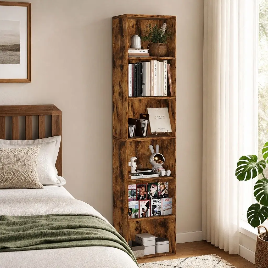 6 Tier Open Bookcase Storage Shelves Display Unit Freestanding Tall Walnut