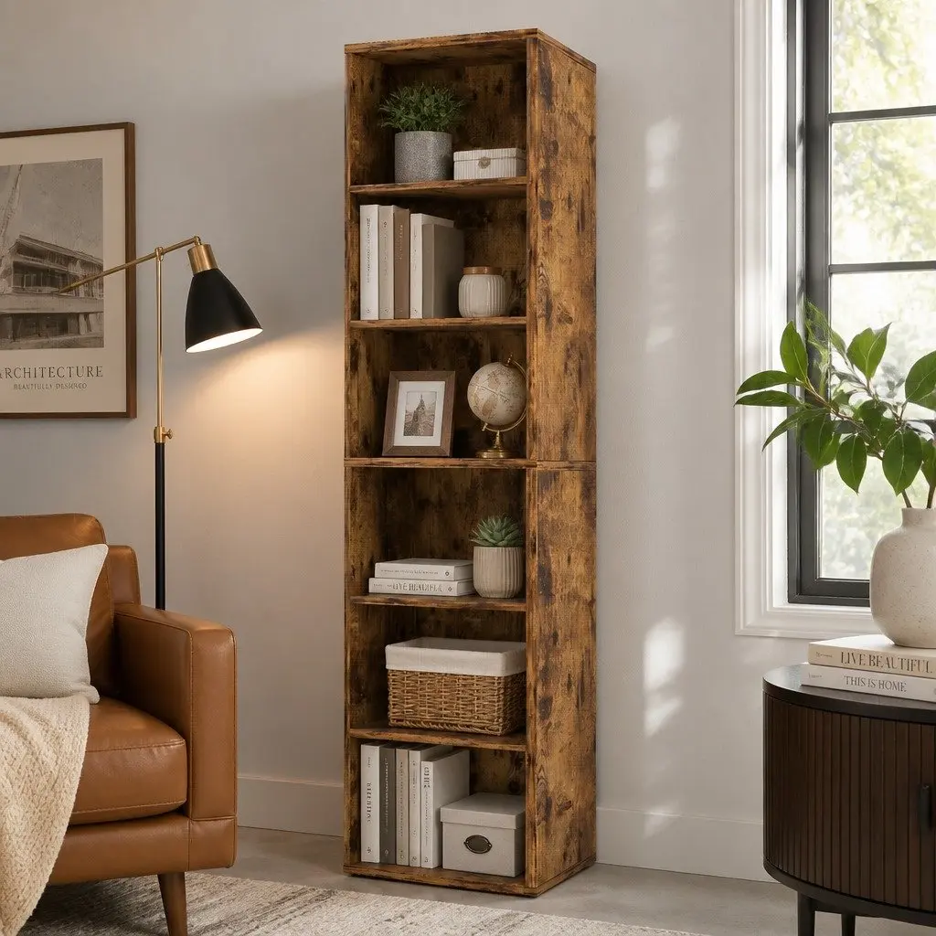 6 Tier Open Bookcase Storage Shelves Display Unit Freestanding Tall Walnut