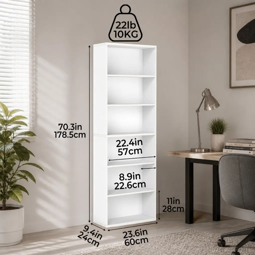 6 Tier Book Shelf Freestanding Storage Display White Wooden 60cm x 24cm x 178.5cm