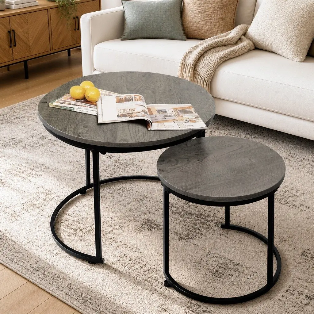 Round Nesting Coffee Table Set Wood Side Table Space Saving Living Room Accent