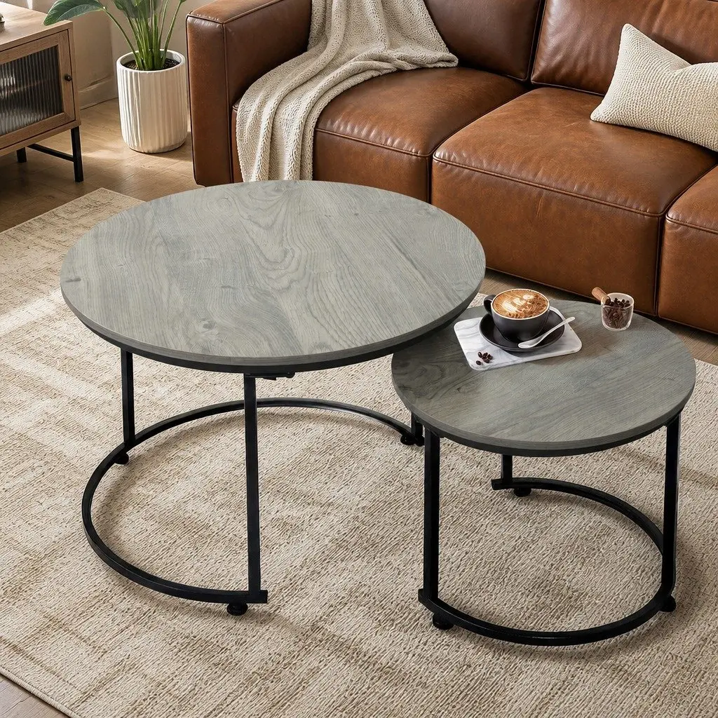 Round Nesting Coffee Table Set Wood Side Table Space Saving Living Room Accent