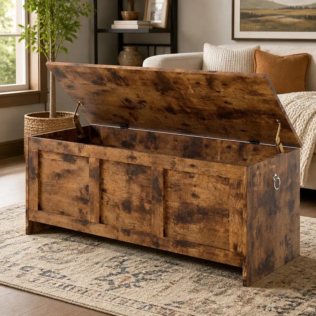 Storage Bench Rustic Brown Particle Board Cabinet Box Chest Entryway Indoor