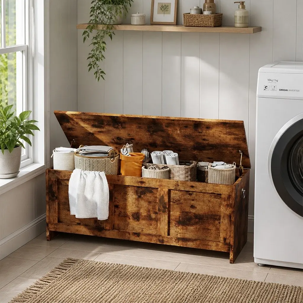 Storage Bench Rustic Brown Particle Board Cabinet Box Chest Entryway Indoor